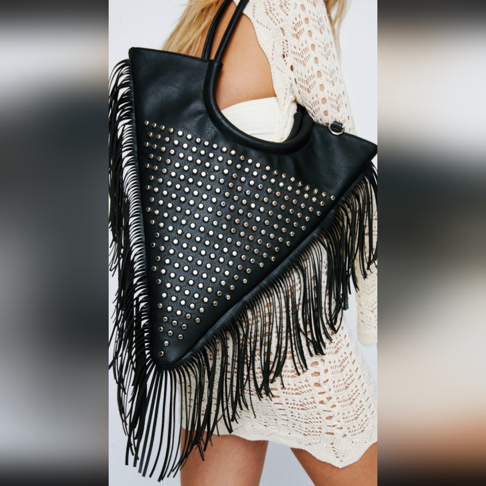 NWT Black Fringe Studded Handbag
